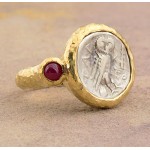 Ancient Greek Owl Silver Drachm in 18KT Gold Ring with Rubies circa 238-235 B.C.